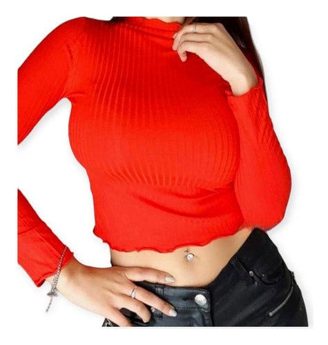 Ribbed High Neck Long Sleeve Shirt with Ruffle Detail 24