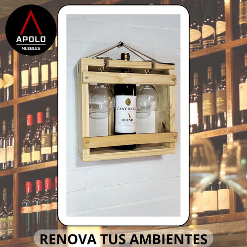 Estuche Porta Vino Vertical Madera Pino 2 Copas Colgar Soga 4