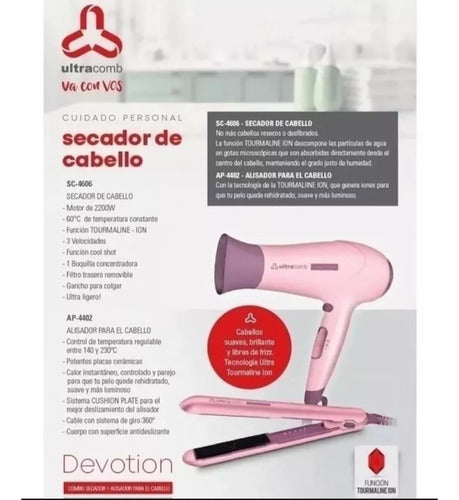 Planchita De Pelo + Secador Combo Profesional Alisador 2200w 1