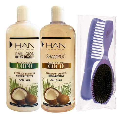 HAN Shampoo + Emulsion Coco Hidronutritivo + Kit Peine 0