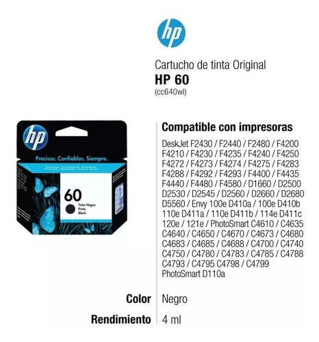 HP Pack 60 Black + Color Cartidges D110 F4280 F4480 Backupuy 1