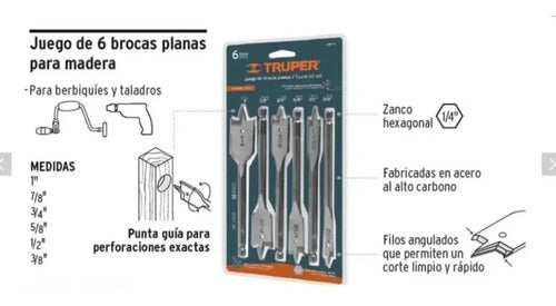 Truper Flat Wood Spade Drill Bit Set 6 Pieces 1/4 2