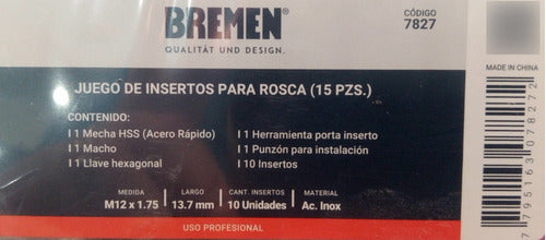 Bremen Thread Repair Kit 12x1.75 Inserts and Tap Set 15pc 7827 2