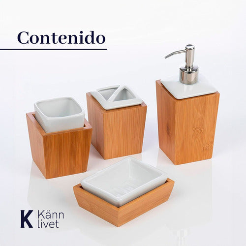 Känn Livet Premium Bamboo Ceramic Bathroom Set Dispenser Organizer 7