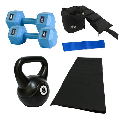 360Fitness Kit: 8kg Kettlebell, 3kg Dumbbells, 2kg Ankle Weights & Medium Resistance TheraBand 0