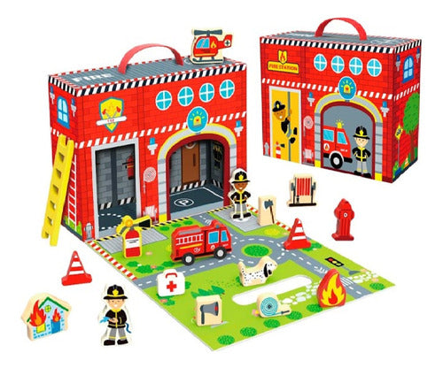 Tooky Toy Fire Station Playset Wooden 18 Pcs 0