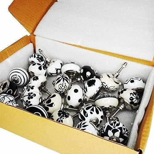 Indian Haat Bazaar Decorative Drawer Knobs - Pack Of 12 Pcs - Brass Steel Cabinet Door Handle Blue Pottery Flower Handmade Home Decor Hardware - Black And White 4