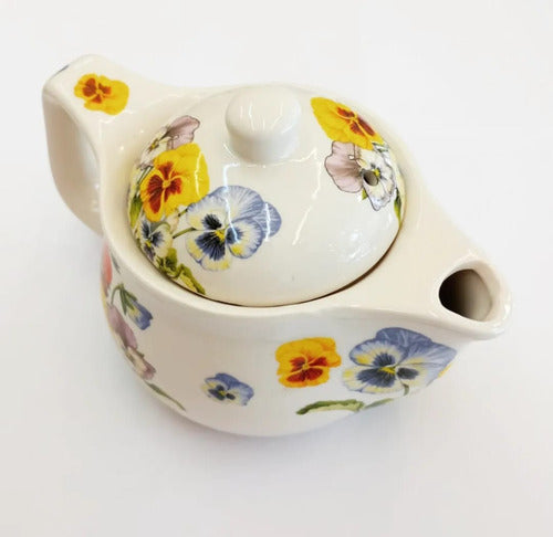 Ceramic Teapot with Stainless Steel Infuser + 2 Matching Bowls - Floral - Tetera De Ceramica - Infusor De Acero + 2 Cuencos. Floral