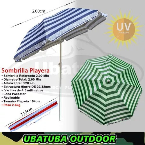 2m Beach Umbrella Reinforced 100% UV Protection Reclining 8