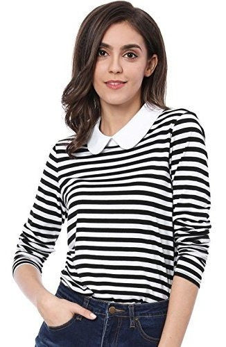 Allegra K Women's Long Sleeve Peter Pan Striped Top 1