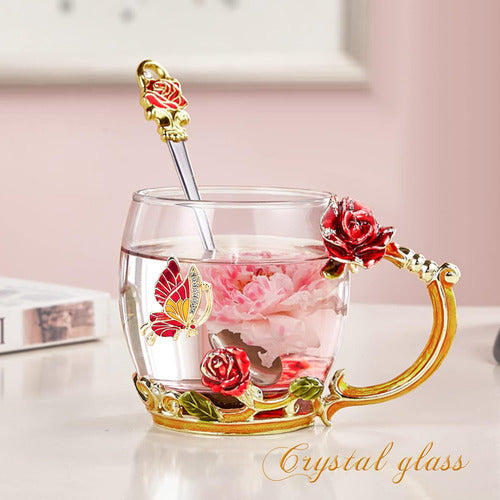 Taza De Café De Vidrio Con Cuchara, Rosa Mariposa, 330 Ml 3