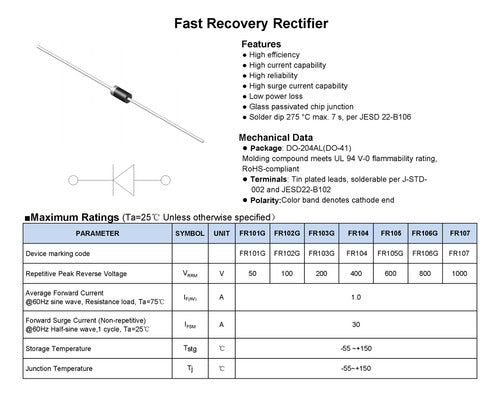 Fr107 Diodo Fast Recovery 1a 1000v 500ns Pack X50 1