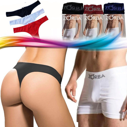 Combo 6 Zorba Men's Boxer Shorts + 6 Women's Cotton Thong Panties 0