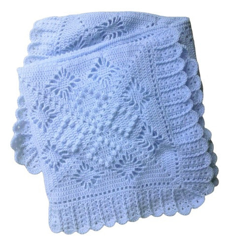 Artesanal Pañoleta - Mantita De Lana Color Celeste Bebé Tejido Crochet 0