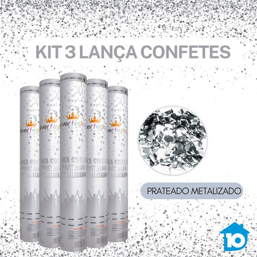 Kit 3 Lança Confete Prateado Metalizado Festa Carnaval 30 Cm 1