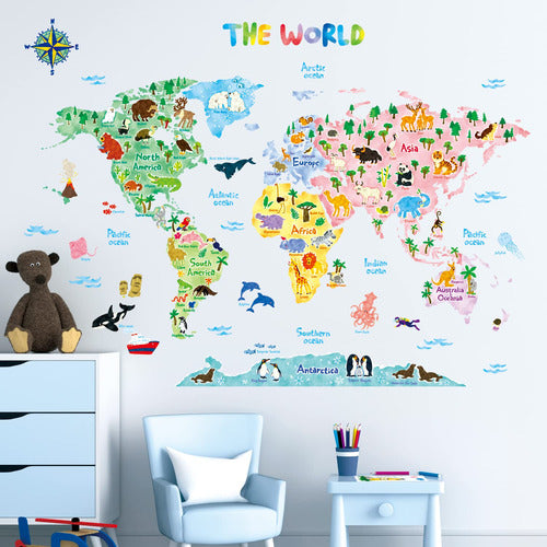 DECOWALL Animal World Map Kids Wall Stickers Peel and Stick 1