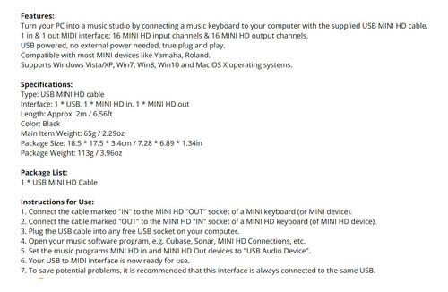 Hifing Midi USB Cable High Quality, Guaranteed Compatibility Emn 1