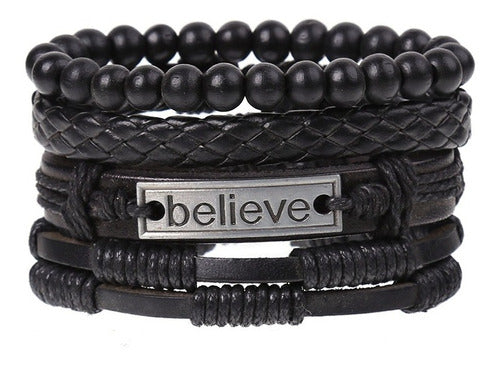 Men's 4 in 1 Leather Bracelet Set Believe Bk 0