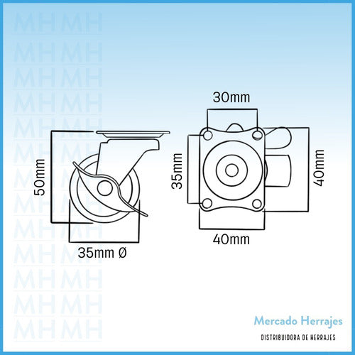 Mercado Herrajes Rueda Blanca Base Giratoria 35 Mm Con Freno X 4 Unidades 1