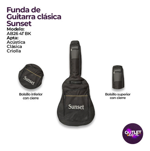 Sunset Funda Impermeable De Guitarra Clásica Criolla + Puas 3