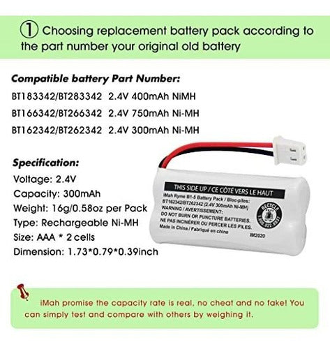 Imah 2 Batteries for Bt162342 Bt262342, 2.4 V 300 Mah Cs6719 2