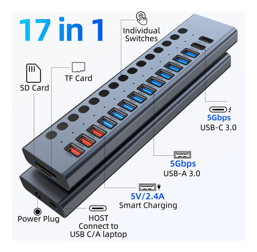 VANGREE USB 3.0/USB C Hub, 17-Port Multiport with 10 USB 1