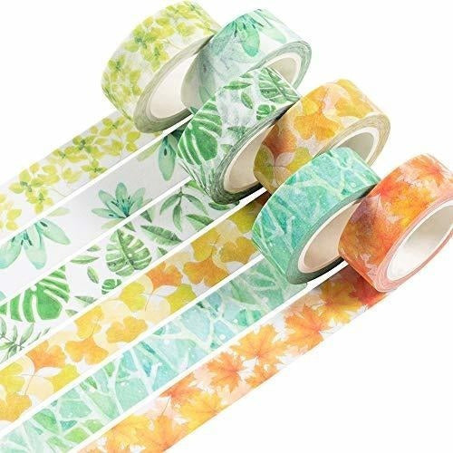 YUBBAEX Cintas Adhesivas Washi - 6 Rollos 15mm X 7 M - Diseño Hojas 0