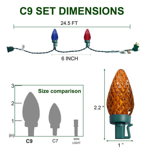WATERGLIDE C9 Christmas Lights, 50 Units, 24.5 Feet, Polygonal, Multicolor 3