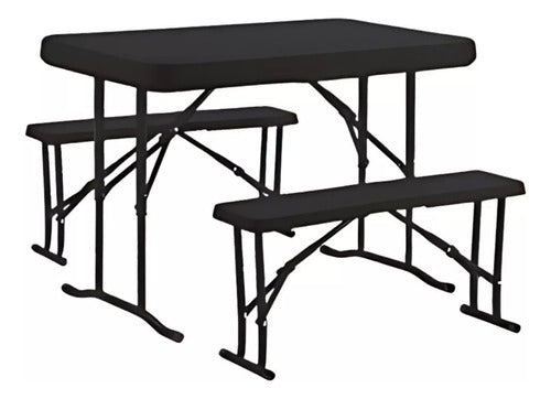 Folding Plastic Reinforced Black Table and Benches Set 0