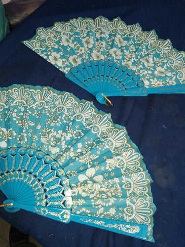 Turquoise Plastic Fan with Golden Print 3