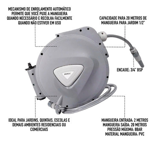 Carretel Retratil Automatico Para Agua Mangueira 20m Noll Nf 2