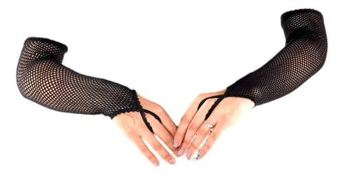 Fishnet Fingerless Gloves with Long Thumb Loop Passing the Elbow 2