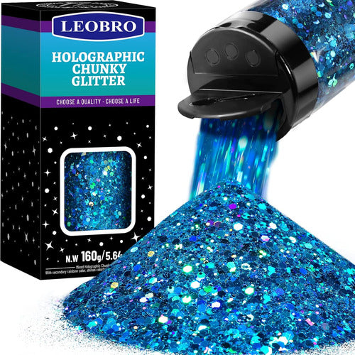 Leobro Gliter Azul Holográfico Para Resina, 160g, Cuerpo Y Uñas 0