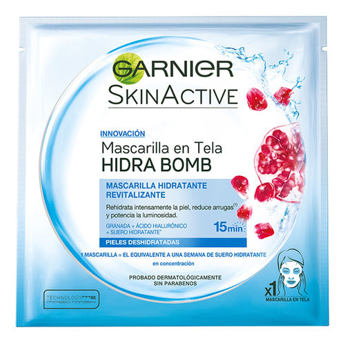 Garnier Skin Active Pomegranate Hydrating Face Mask - Pack of 12 Units - Mascarilla Tela Garnier Skin Active Granada Hidra Bomb X 12U