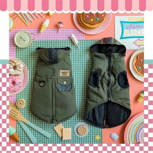 Dog Parka Jacket in Army Green Eco Leather Sizes 5 to 7 2