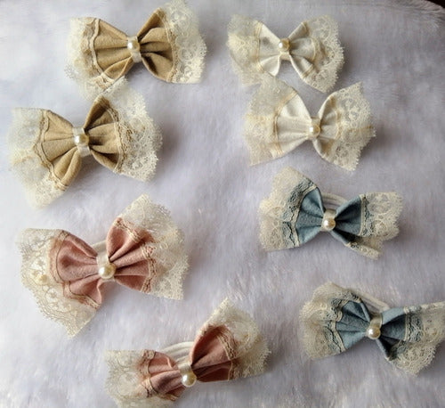 Set of 8 Girls' Vintage Cotton and Lace Hair Ties with Bows 1