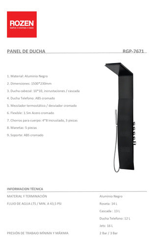 Panel Columna Barral Ducha Aluminio Negro Termostatico Autom 1