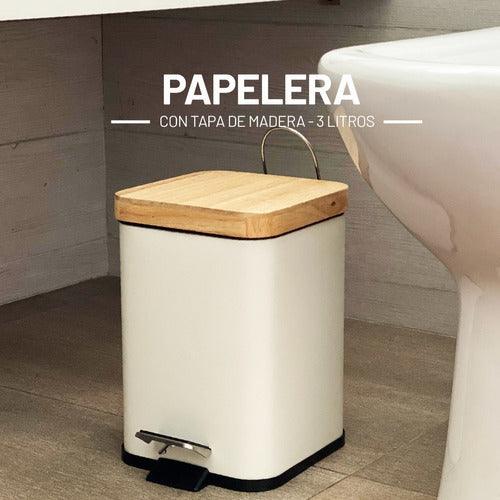 Toler Cesto Tarro Tacho Papelera A Pedal Blanca Tapa Madera 3 Lts 1