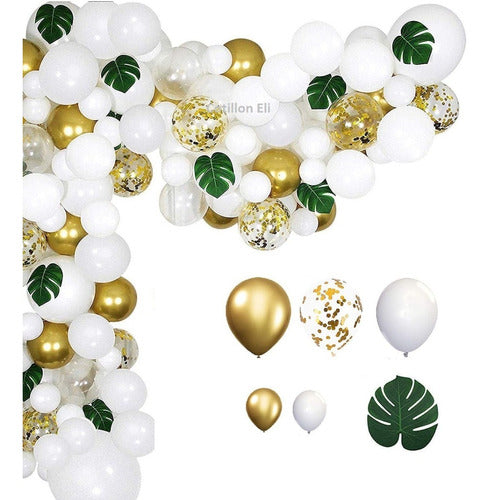 Cotillón Eli Arco Globos Decorativo Hojas Blanco Dorado Confetti Cumple 0