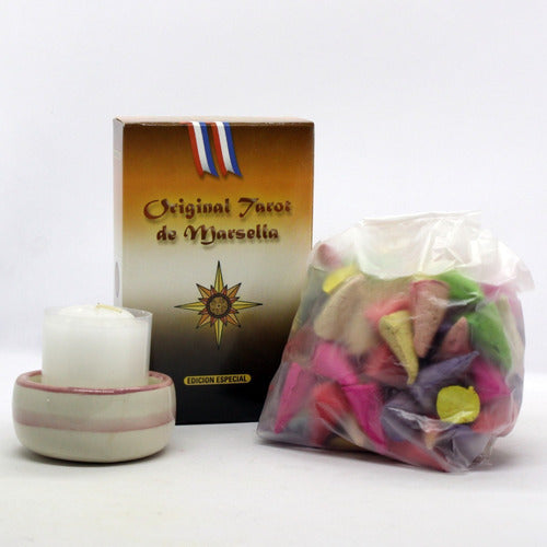 Aromeronatural Tarot Cards Marsella with 100 Assorted Incense Cones, Candle, and Bowl 1