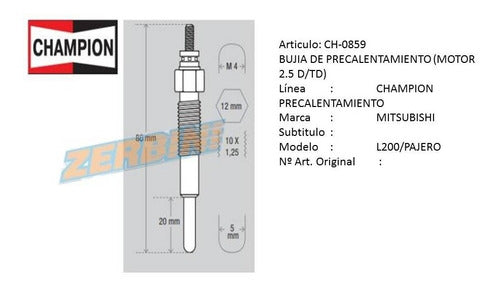 Champion Bujia Incandescente Precalentamiento L200 Pajero Motor 2.5 0