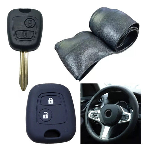 Cubre Volante + Funda Llave Silicona 2 Botones Peugeot Negro 0