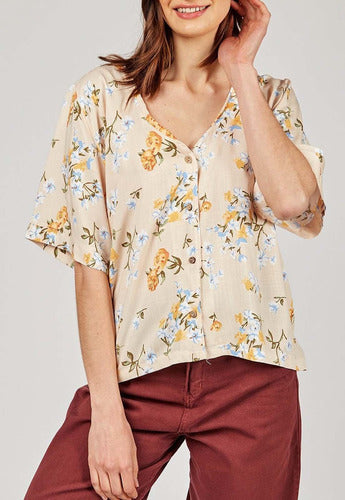 Laila Blusa De Lino Estampado C/ Botones Marmolados 0