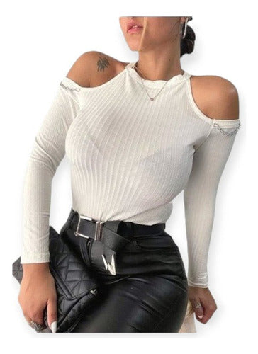 Divinas Reylav Long Sleeve Off-Shoulder Top with Chain Detail 0