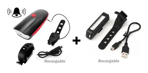 Pack Luces Para Bicicleta Delantera Con Bocina + Trasera Usb 0