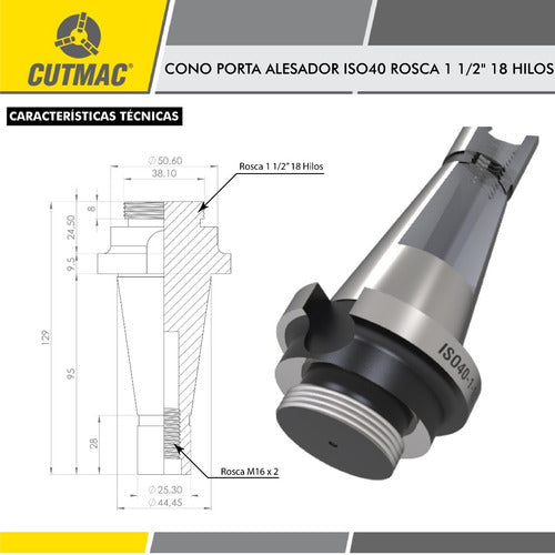 Cono Adaptador Cabezal Alesador Iso40 Rosca 1 1/2 Cutmac 5