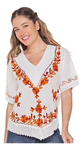 HHG SA Blusa Algodón Blanca Con Escote En V Manga Corta Bordada 1