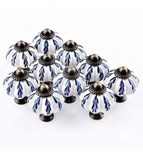 Ieik 10pcs Pumpkin Ceramic Drawer Knobs, Dresser Knobs Vintage Door Pull Handles Retro Antique Floral Leaf Pattern For Furniture Drawer Dresser Cabinet With Screws (White/Blue) 1