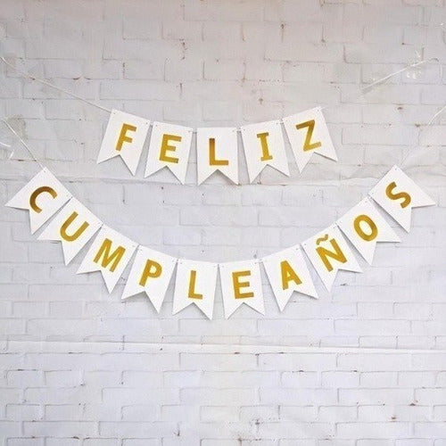 Banderin Blanco Letras Doradas Feliz Cumpleaños Cotillon Dec 0