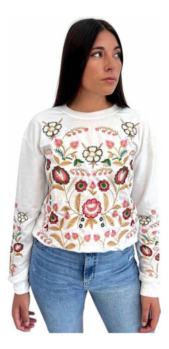 Embroidered Imported Women's Sweatshirt - Hindu Boho Folk Style with Floral Design 2
